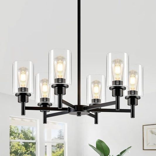 Modern Black Chandeliers for Dining Room, 6-Light Chandelier Light Fixture with Clear Glass Shades, Metal Hanging Pendant Lighting for Living Room, Kitchen, Staircase, Entryway