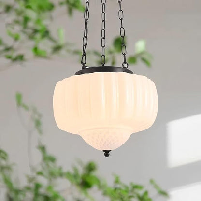 LIGHTLAND Milk Glass Pendant Light, 13 Inch Mid Century Semi Flush Mount Ceiling Light Fixture with 39.4 Inch Adjustable Chain, Vintage Chandelier for Bedroom, Living Room, Dining Room, Hallway
