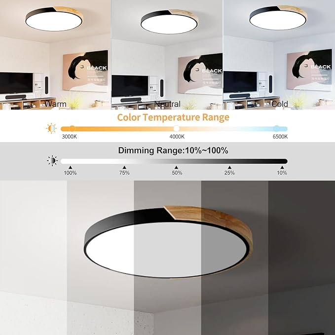 LED Ceiling Light Fixture,10 Inch Modern Wood Recessed Ceiling Lights,Dimmable Light,12W Black Close to Ceiling Lighting Flush Mount Living Room Bedroom,3000K-6000K