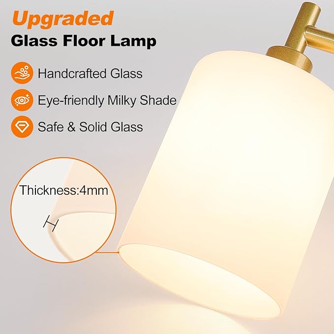 【Upgraded】Dimmable Floor Lamps for Living Room with Frosted White Glass Shade, Modern Industrial Floor Lamp with 900LM Bulb Included, Standing Tall Lamp for Bedroom, Office, Reading Room, Corner, Gold