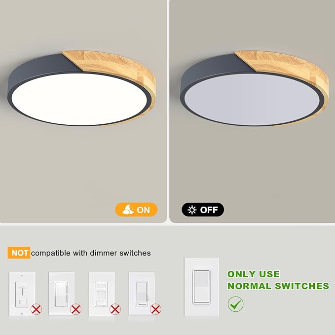 Modern LED Ceiling Light, Minimalist Wood Flush Mount Ceiling Light Fixture, 4000K Not Dimmable, Circle Lighting Lamp with Acrylic Lampshade for Bedroom Dining Room Laundry (Grey, 11.8'')