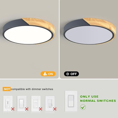 Modern LED Ceiling Light, Minimalist Wood Flush Mount Ceiling Light Fixture, 4000K Not Dimmable, Circle Lighting Lamp with Acrylic Lampshade for Bedroom Dining Room Laundry (Grey, 11.8'')
