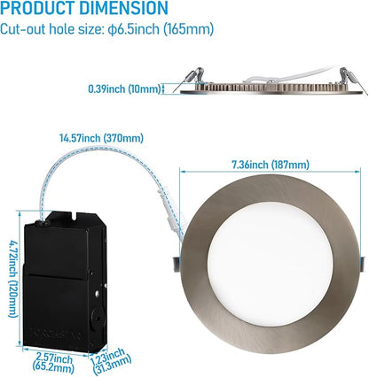 TORCHSTAR E-Lite Series 6 Inch Slim Recessed Lighting with J-Box, 13.5W Ultra-Thin LED Recessed Light, Dimmable Canless Downlight, ETL&ES Listed, CRI90, 3000K Warm White, Satin Nickel, Pack of 6