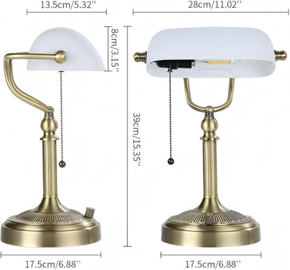 White Matted Glass Bankers Desk Lamp, Stepless Dimmable Table Lamp Plug in Fixture for Study, Home Office,Library, LED Bulb Included