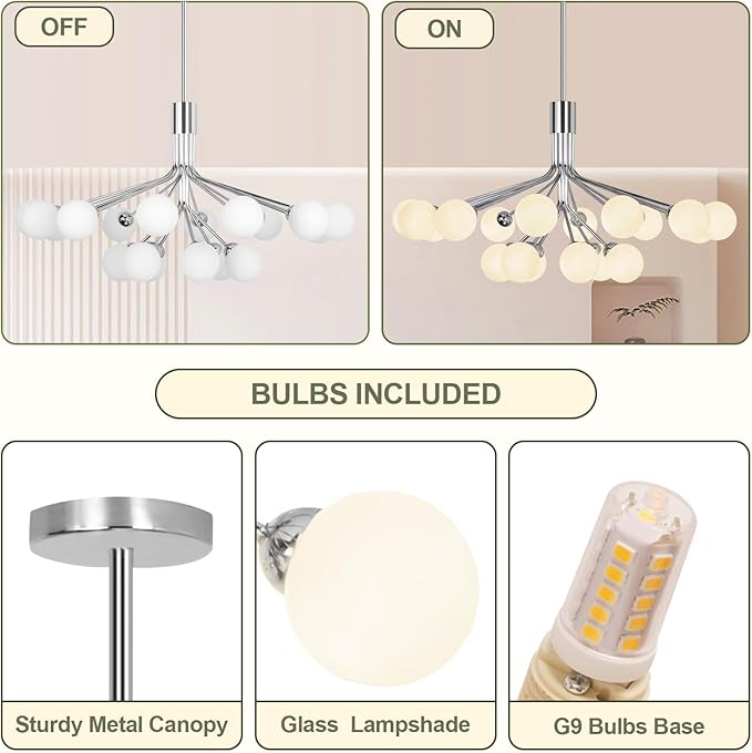 Depuley Glass Ball Sputnik Chandelier: 18-Light Modern Mid Century Chrome Chandelier Dining Room - Globe Chandelier Light Fixture Height Adjustable Kitchen Over Table (Included G9 Bulbs)
