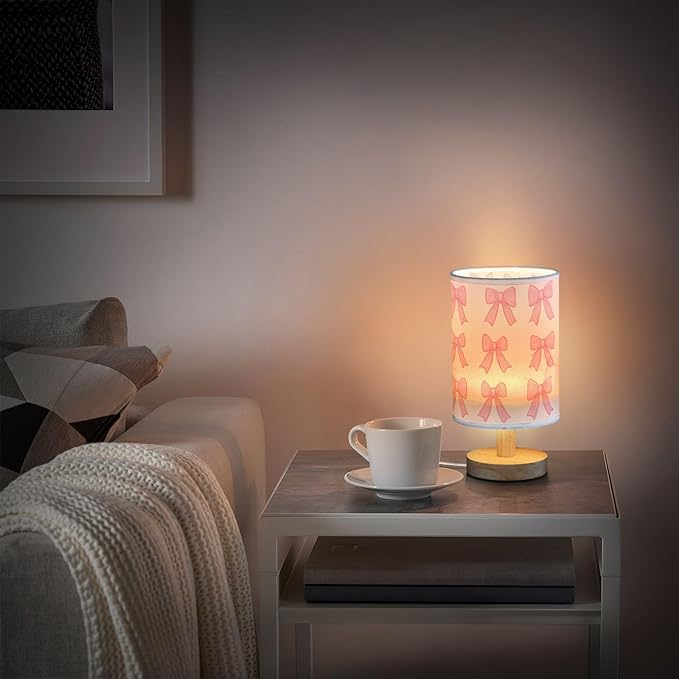 Bedside Table Lamp Cute Pink Bows Nightstand Lamp with Wood Desk Lamps for Bedroom Living Room Nursery Office Home Decor