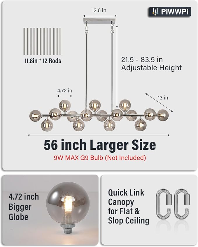 55 Inch Long Chandeliers for Dining Room Kitchen Island, Large Globe Sputnik Linear Chandelier, 16 Lights Mid Century Modern Light Fixture Over Table, Chrome and Smoke Grey Bubble, GC-08
