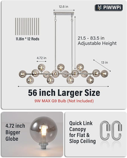 55 Inch Long Chandeliers for Dining Room Kitchen Island, Large Globe Sputnik Linear Chandelier, 16 Lights Mid Century Modern Light Fixture Over Table, Chrome and Smoke Grey Bubble, GC-08