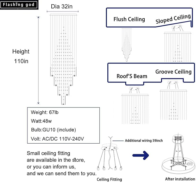 Flashing God D32''X H110'' High Ceiling Chandelier Crystal Raindrop Chandeliers Staircase Large Chandelier Villa Entrance Foyer Hanging Light High Ceiling Pendant Light Fixture with LED Dimmable