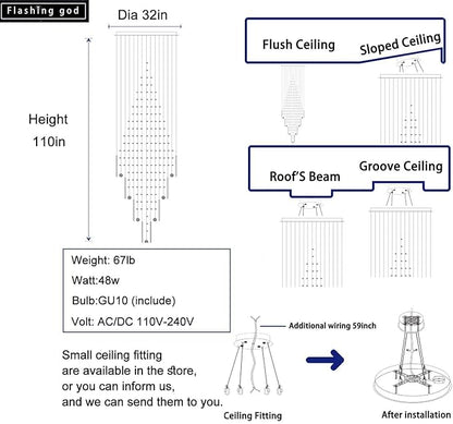 Flashing God D32''X H110'' High Ceiling Chandelier Crystal Raindrop Chandeliers Staircase Large Chandelier Villa Entrance Foyer Hanging Light High Ceiling Pendant Light Fixture with LED Dimmable