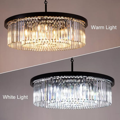 Wellmet Modern Black Crystal Chandelier, 33.5" Large 3-Tier Round Pendant Light with Adjustable Chain, 9-Light Luxury Crystal Ceiling Fixture for High Ceiling Foyer, Grand Living Room, Dining, Bedroom