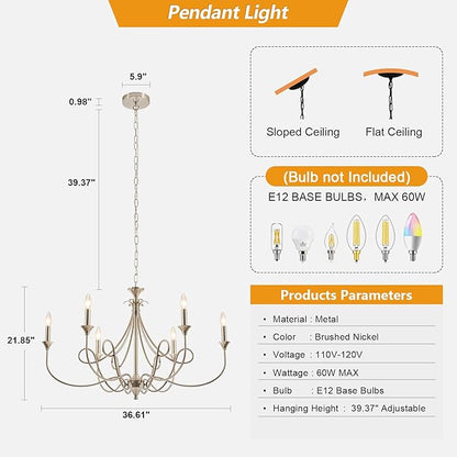Modern Brushed Nickel Chandelier, 6-Lights Candle Dining Room Light Fixture 36.6in Farmhouse Chandeliers Metal Pendant Lights for Living Room Bedroom Entryway Kitchen Island