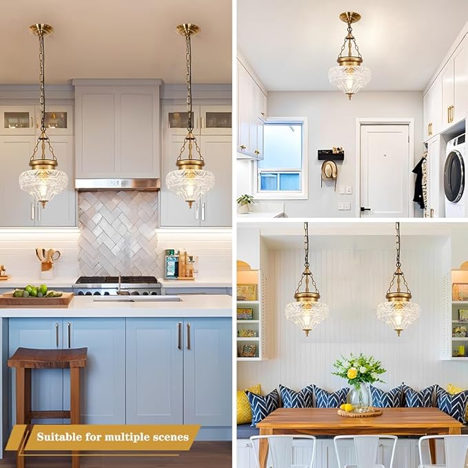 Vintage Pendant Light, Brushed Antique Brass Pendant Lights Kitchen Island with Unique Thickened Glass, Penant Lighting Fixtures with Adjustable Chain, Hanging Light Fixtures for Dining Room, Entryway
