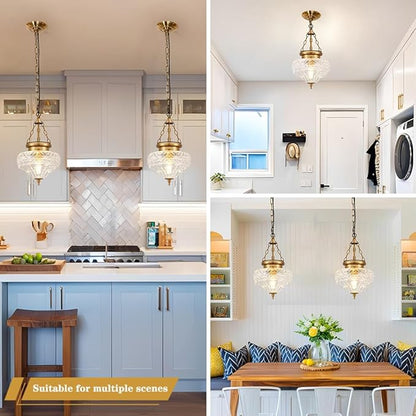 Vintage Pendant Light, Brushed Antique Brass Pendant Lights Kitchen Island with Unique Thickened Glass, Penant Lighting Fixtures with Adjustable Chain, Hanging Light Fixtures for Dining Room, Entryway