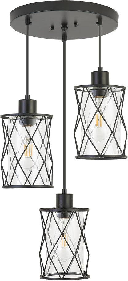 Refice 3-Light Pendant Lights Kitchen Island, Black Kitchen Cluster Hanging Pendant Lights with Clear Glass, Modern Cage Chandelier Light Fixture for Sink Dining Room Bedroom Bar