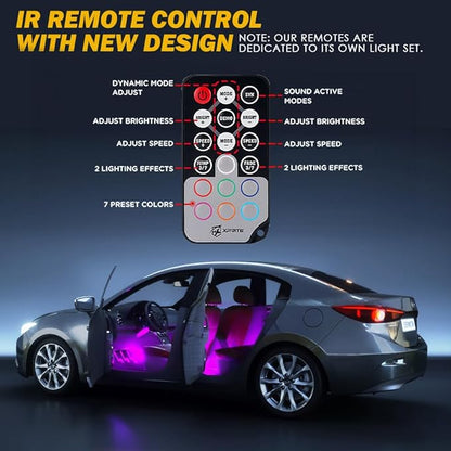 Xprite RGB LED Car Interior Bluetooth USB Light Strip, w/Wireless Remote and APP Control,4 PCS Under Dash Footwell Ambient Lights Kits, DIY Music Mode Universal for Vehicle Internal, SUV, Trucks
