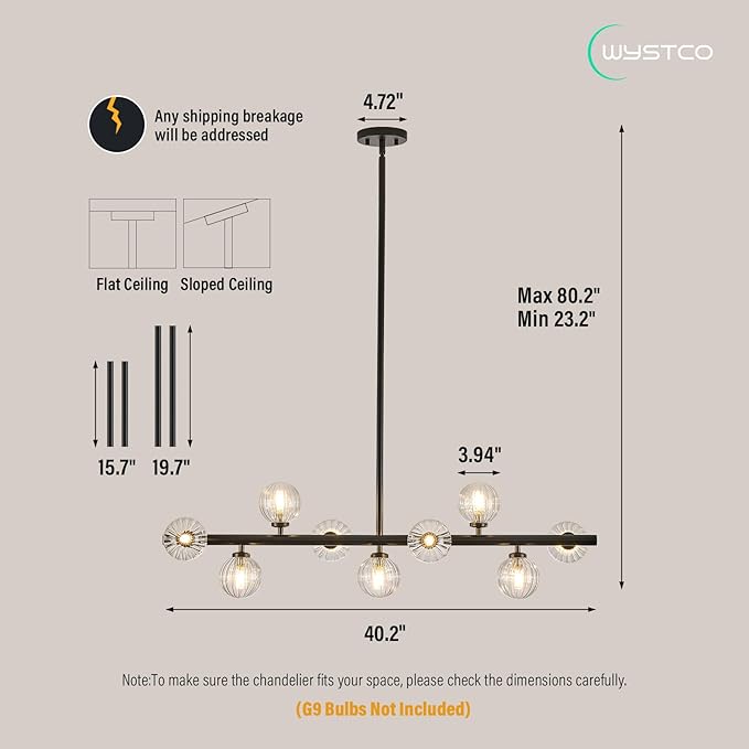 Mid Century Modern Glass Globe Sputnik Chandelier, 9-Light Linear Chandeliers for Dining Room, Kitchen Island, Living, Dining Room Light Fixture Over Table, Black and Clear Bubble, 40 Inch