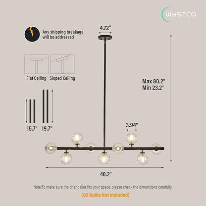 Mid Century Modern Glass Globe Sputnik Chandelier, 9-Light Linear Chandeliers for Dining Room, Kitchen Island, Living, Dining Room Light Fixture Over Table, Black and Clear Bubble, 40 Inch