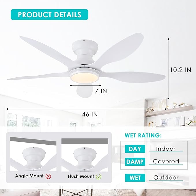 Ceiling Fans with Lights, 46 inch Modern Low Profile Ceiling Fan with Light and Remote App Control, Flush Mount, Quiet DC Reversible, RGB Led Ceiling Fan for Bedroom Kitchen Indoor/Outdoor Patio White