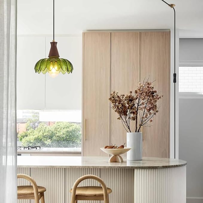 YLONG-ZS Plug-in Pendant Light, Vintage Green Glass Swag Hanging Lamp, Adjustable Pulley Cord, Walnut Stained Solid Wood Base, Mid Century Farmhouse Fixture, No Hardwiring for Kitchen, Dining, Bedroom