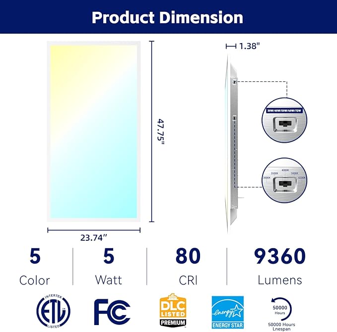 2x4 LED Flat Panel Light LED Drop Ceiling Light Fixture, 5 CCT 3000K-6500K Adjustable & 5 Wattage Selectable Recessed Back-Lit Fixture for Office, ETL Listed(4Pack 2x4)