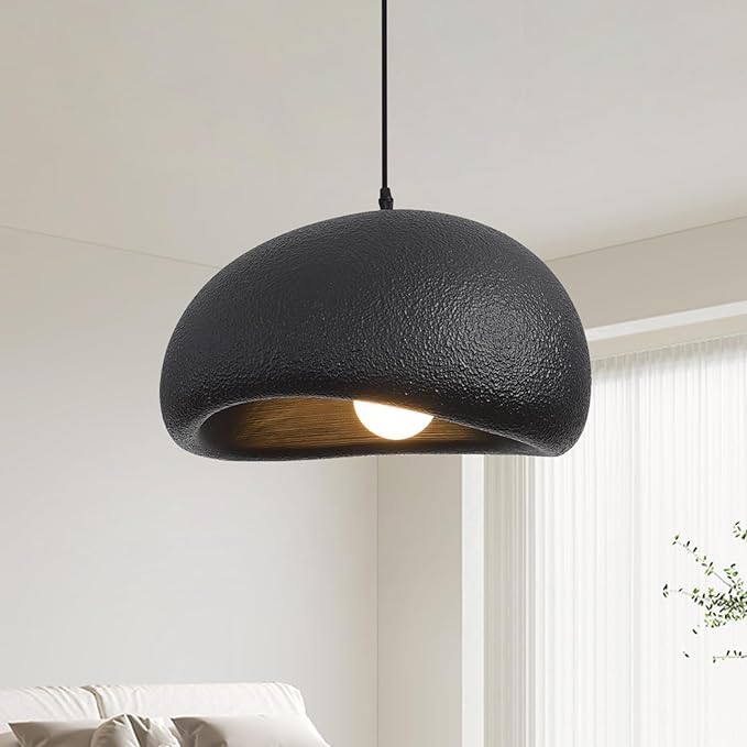 15.7in Wabi Sabi Pendant Light, Kitchen Island Lighting Fixture Ceiling Mount Japanese Lamp Japandi Chandelier for Dining Living Room Hallway Bedroom Restaurant Hanging Lamp, Black 1 Pack