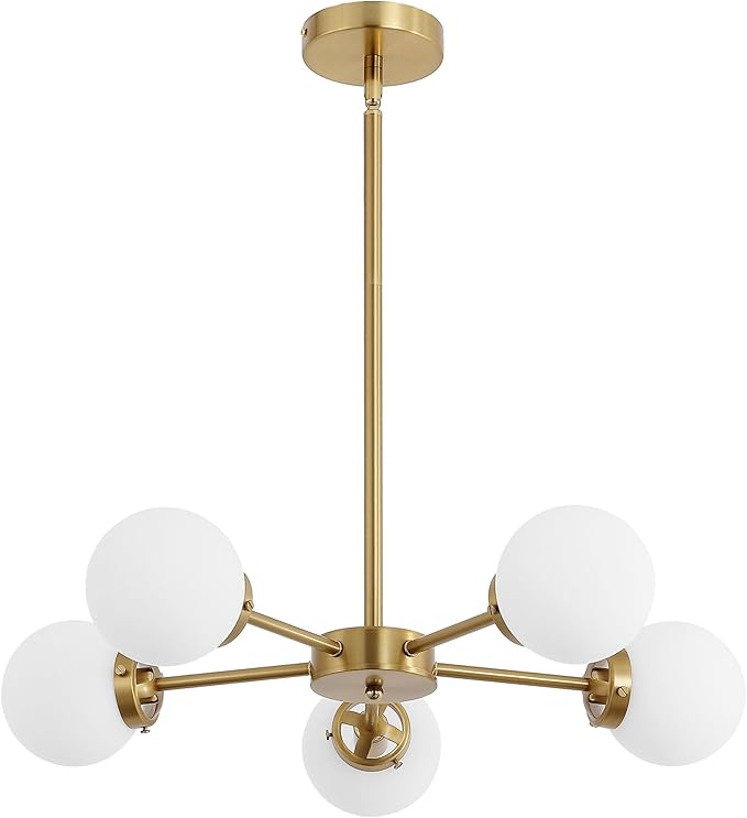 WINGBO 5-Light Sputnik Chandelier, Modern Pendant Light Fixture with 4.7" Opal White Glass Globe Shade for Flat and Slop Ceiling, Height Adjustable for Kitchen Living Room Dining Room Bedroom, Gold
