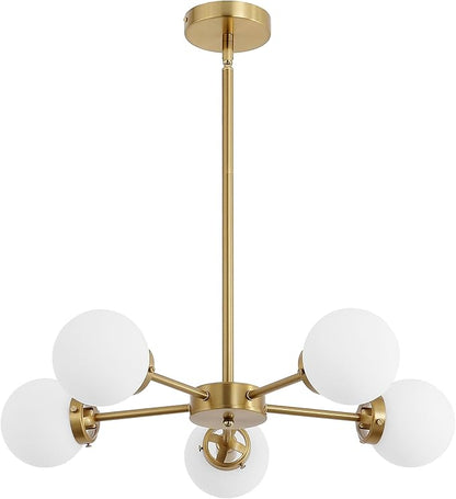 WINGBO 5-Light Sputnik Chandelier, Modern Pendant Light Fixture with 4.7" Opal White Glass Globe Shade for Flat and Slop Ceiling, Height Adjustable for Kitchen Living Room Dining Room Bedroom, Gold