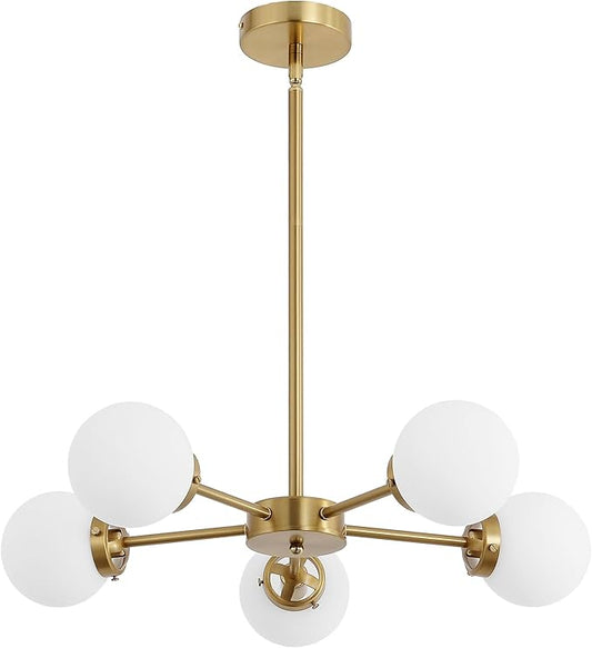 WINGBO 5-Light Sputnik Chandelier, Modern Pendant Light Fixture with 4.7" Opal White Glass Globe Shade for Flat and Slop Ceiling, Height Adjustable for Kitchen Living Room Dining Room Bedroom, Gold