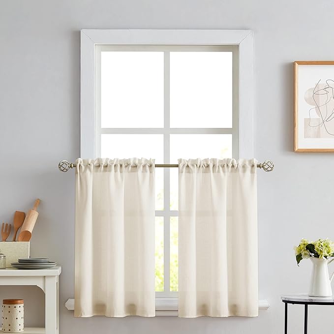 Melodieux Beige Semi Sheer Tier Curtains 45 Inch Length for Kitchen Cafe Bedroom Small Windows, Linen Look Rod Pocket Short Curtain Tiers Voile Drapes, 2 Panels