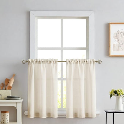 Melodieux Beige Semi Sheer Tier Curtains 45 Inch Length for Kitchen Cafe Bedroom Small Windows, Linen Look Rod Pocket Short Curtain Tiers Voile Drapes, 2 Panels