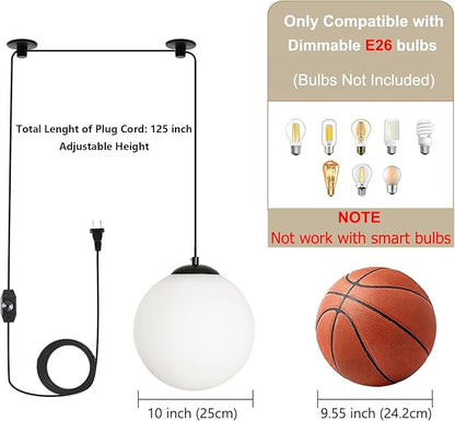 Plug in Globe Pendant Light, 10" Mid Century Modern Hanging Lamp with Switch, Black Globe Chandelier with Milk Glass for Bedroom Bedside, Couch Side, Coffee Corner, Entryway and Small Bar