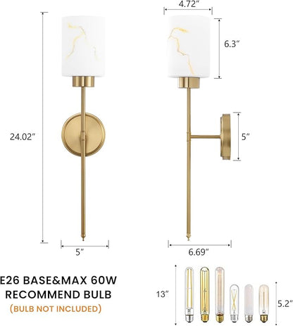 Gold Wall Sconces Set of 2 with Marble Glass Shade, Modern Bathroom Vanity Light Fixtures for Bedroom, Hallway, Entryway, Living Room