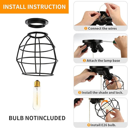 Pull Chain Light Fixture, 3 Light Semi Flush Mount Ceiling Fixture, Vintage Pendant Light Fixture for Porch/Hallway/Kitchen/Bedroom, Bulb Not Included