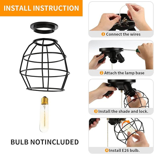 Pull Chain Light Fixture, 3 Light Semi Flush Mount Ceiling Fixture, Vintage Pendant Light Fixture for Porch/Hallway/Kitchen/Bedroom, Bulb Not Included