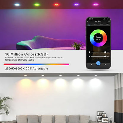 Lightdot 6 Inch Smart Recessed Lighting, 36° Spotlight + RGB Halo Ring, Dual-Zone Control, Full Metal RGBWW Color Changing LED Canless Downlight with Junction Box, Remote&App, 100-277V, 1Pack-ETL