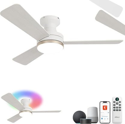42" RGB Ceiling Fan with Light, Music Sync Smart Fan with Alexa/Google/App Control, Low Profile Flush Mount, 6-Speed Quiet DC Motor, 4 CCT Dimmable Lighting for Bedroom, Champagne Gold