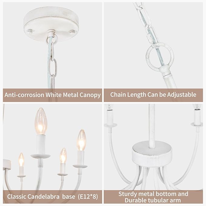 French Country Chandelier, 8-Light Antique White Farmhouse Chandelier for Dining Room, Candle Hanging Pendant Light for Kitchen Living Room Bedroom Foyer Entryway