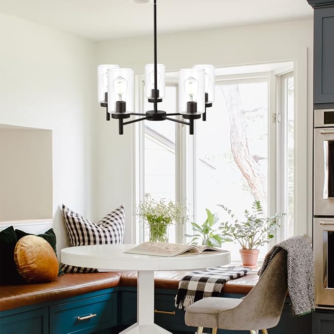 Contemporary 5-Light Large Chandeliers Oil Rubbed Bronze Modern Lighting Fixtures Hanging Clear Glass Shades Pendant Lighting for Dining Room Living Room Kitchen