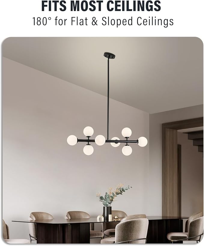 Modern Linear Chandeliers for Dining Room, 8-Light Globe Sputnik Pendant Ceiling Light, Black Dining Room Light Fixture Over Table, Mid Century Glass Milk White Bubble, 31.5 Inch, GC-09