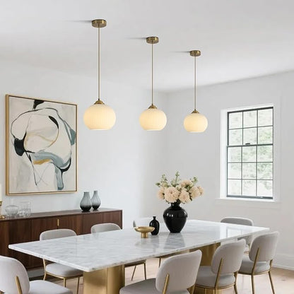 KCO Lighting Mid Century 1-Light Globe Pendant Light Industrial Vintage Brass Gold Pendant Lighting Fixture Kitchen Island Adjustable White Glass Hanging Ceiling Lights