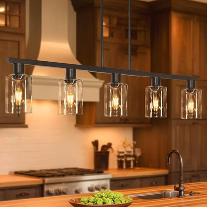 5-Light Kitchen Island Light, Black Dining Room Light Fixture Over Table, Farmhouse Linear Pendant Lights Kitchen Island with Glass Shade, Chandeliers for Pool Table, Sink, Bar, Height Adjustable