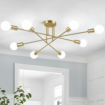 Modern Sputnik Chandelier 8-Light Industrial Ceiling Lights Fixture 32" Gold Semi Flush Mount Ceiling Light with E26 Base Sputnik Lights Fixture for Dining Room Bedroom Foyer Hallway Living Room