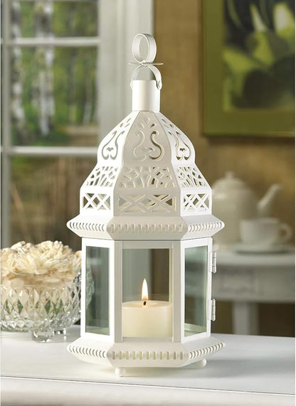 Zingz & Thingz Moroccan Style Candle Lantern Holder, Decorative Light Home Decor, Indoor & Outdoor, 13" Tall, White