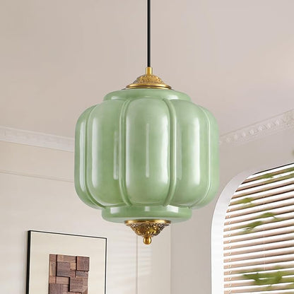 Green Glass Pendant Light, 9in Medium Schoolhouse Light Fixture, LED Bulb Included, Vintage Art Deco Chandelier for Kitchen Island Dining Room Bedroom Hallway, Green & Antique Gold 1 Pack