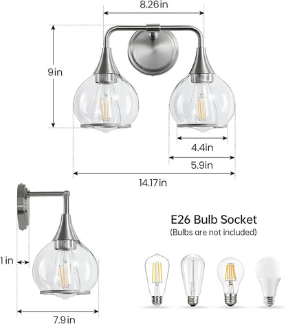 Brushed Nickel Bathroom Vanity Light 2 Lights Bathroom Light Fixtures Over Mirror with Clear Glass Shade 14 inch Wall Sconce Lighting Bath(Exclude E26 Bulb)