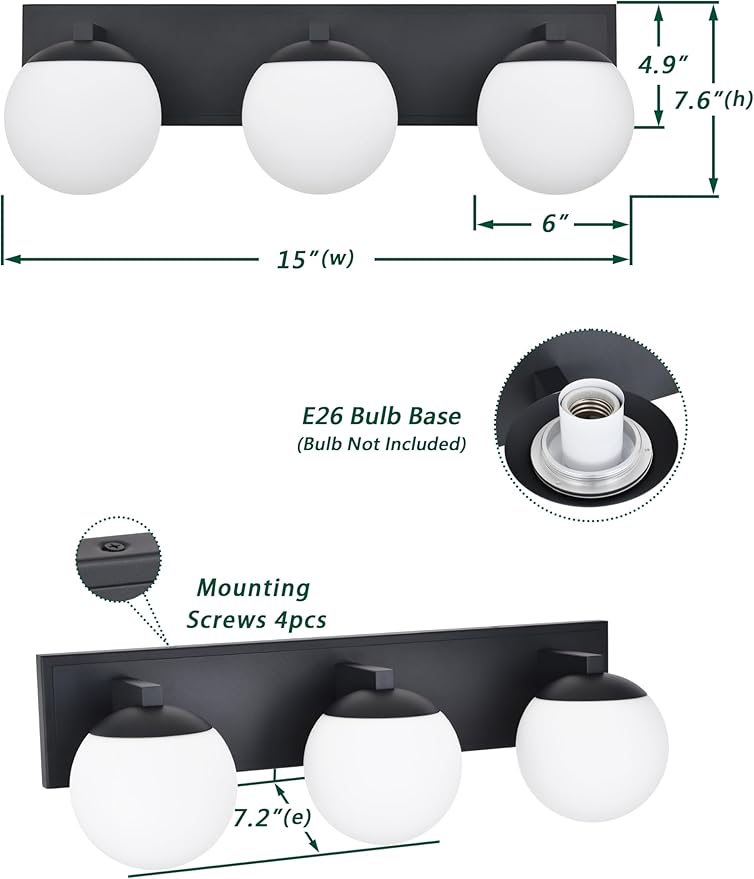 Black Bathroom Vanity Light Fixtures, 3-Light Globe Bathroom Lighting Fixtures Over Mirror, Modern Wall Lights for Living Room, Long Backplate, Standard E26 Base, Textured Black