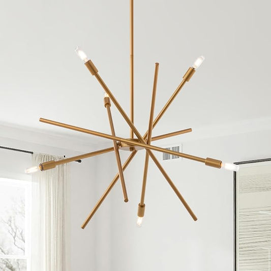 VILUXY Contemporary Chandelier Lighting Fixture 6-Light Antique Brass Brush Paint Finish Mid-Century Pendant Lighting for Dining Room Bedroom Kitchen Living Room