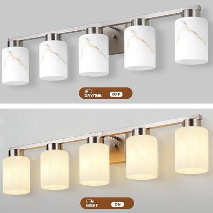 5-Light Bathroom Light Fixtures, Modern Vanity Lights, Brushed Nickel Metal Wall Lamp with White Marble Glass for Bathroom, Mirror, Living Room, Bedroom, Cabinet, Porch, Hallway, E26 Base