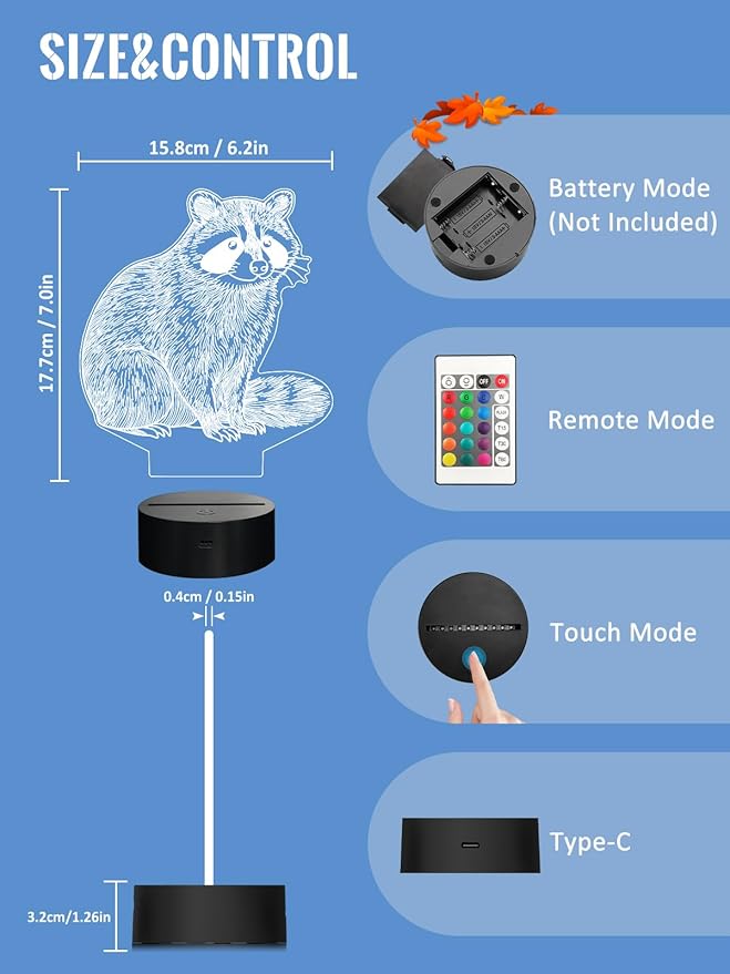 Lampeez Raccoon 3D Night Light for Kids, LED 16 Colors Remote Control Changing Touch Dimmable Table Desk Lamp, Cute Animal Gifts for Raccoon Lovers Animal Fans